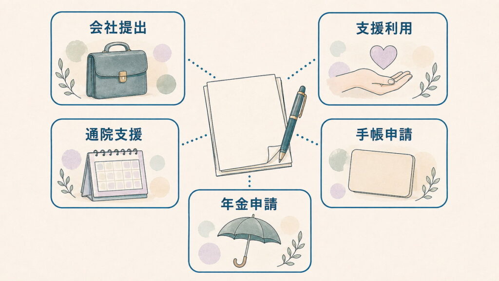 発達障害の受診後に必要となる書類の用途を整理した図