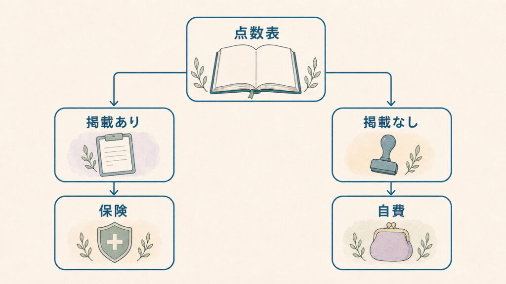 点数表への掲載有無で保険と自費に分かれる仕組みを示す図