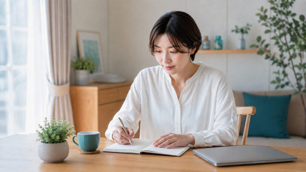 自宅で手帳に次の受診予定を書き込む日本人女性