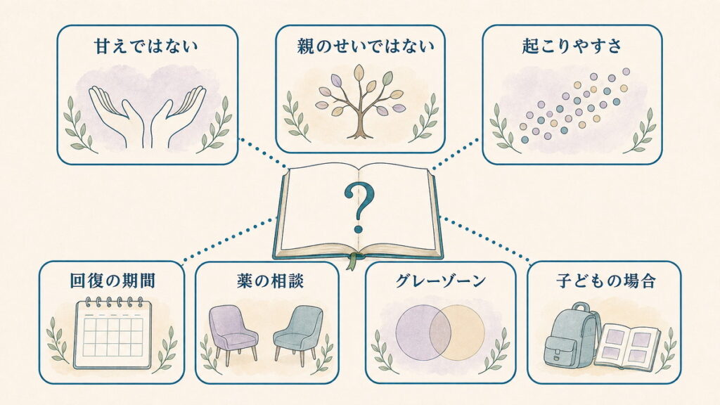 発達障害の二次障害に関する七つのよくある質問を整理した図