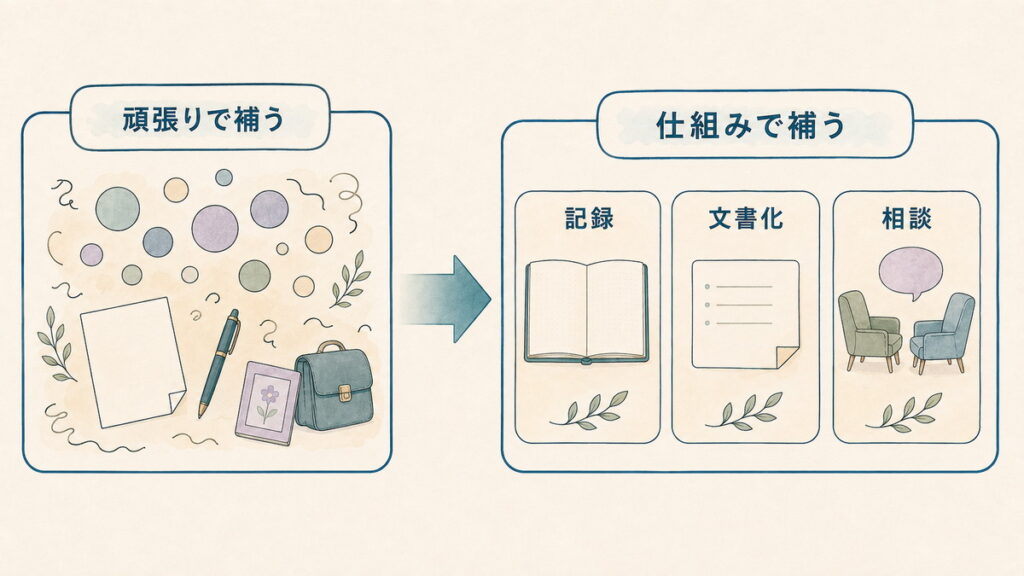 頑張りで補う方法から記録・文書化・相談の仕組みへ移る図