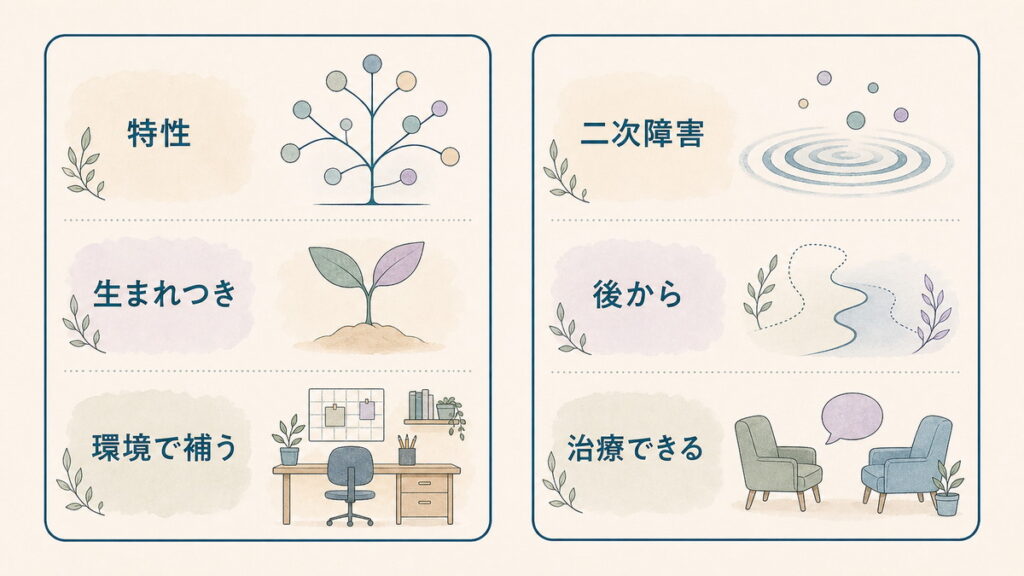 発達障害の特性と二次障害の違いを対等に比較した図