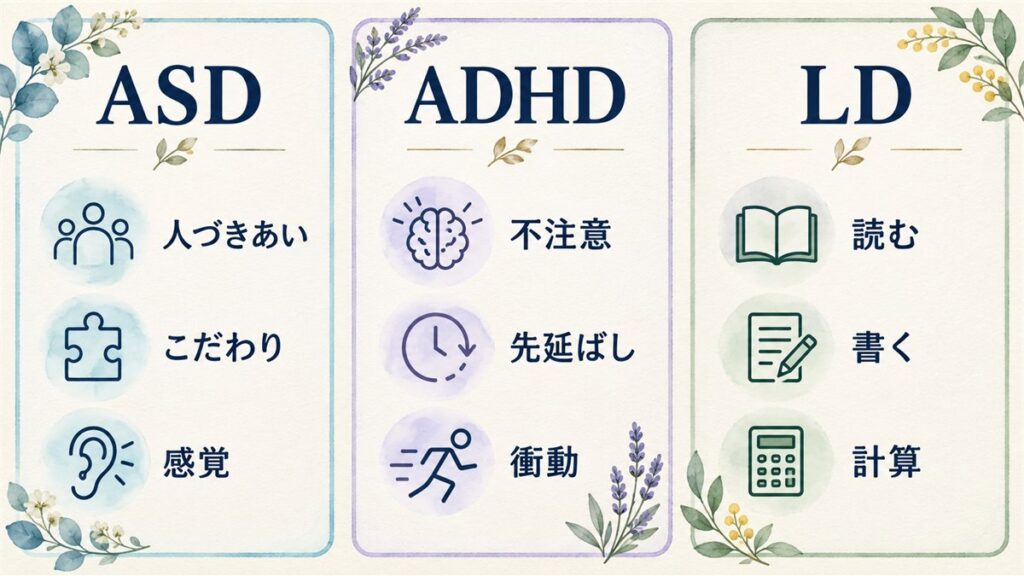 ASD・ADHD・LDの代表的な特徴を同じ大きさの3列で整理した図