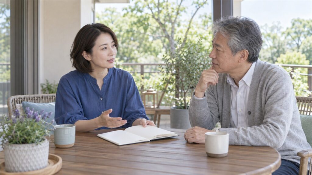 明るいテラスでノートを開き、支援者に落ち着いて相談している女性