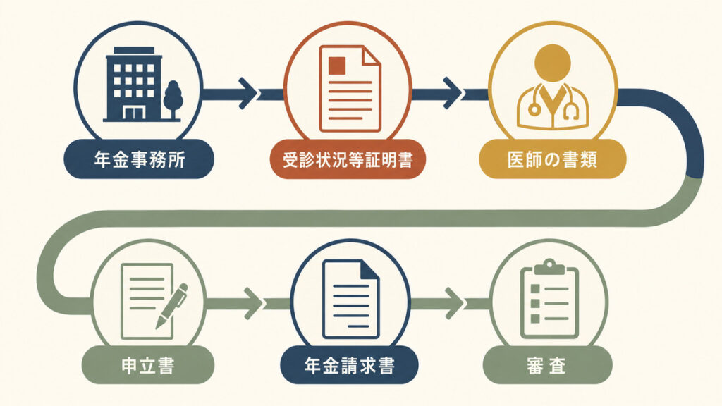年金事務所への相談から必要書類をそろえて審査まで進む流れの図