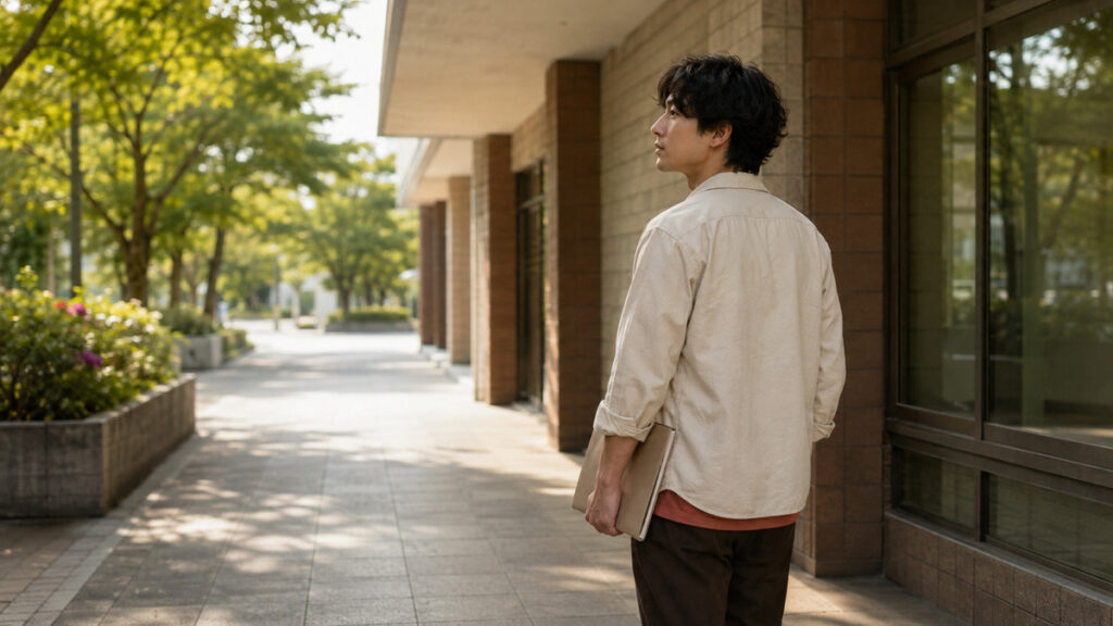相談後に書類を閉じて次の確認へ進もうとする日本人男性