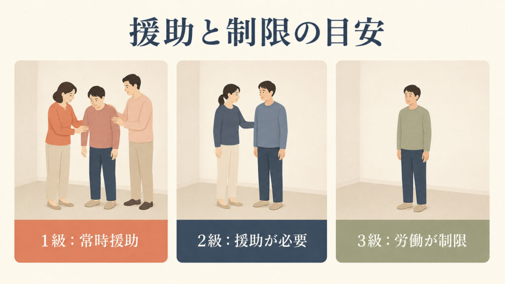 1級から3級までを援助の必要性と労働の制限の違いで並べた図