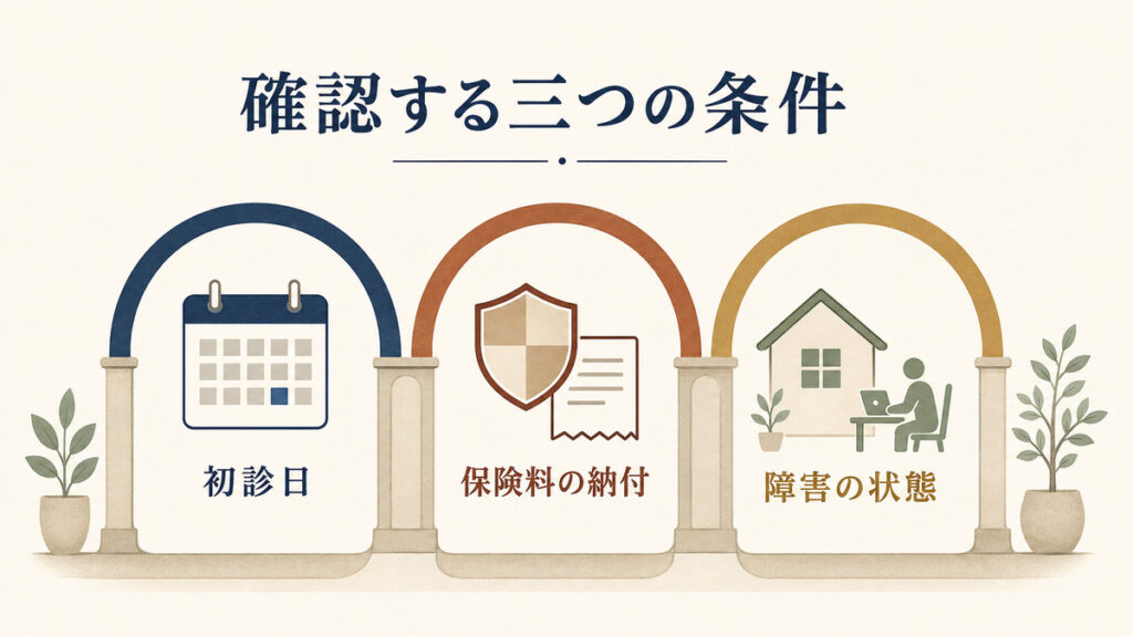初診日、保険料の納付、障害の状態という三つの受給条件を示す図