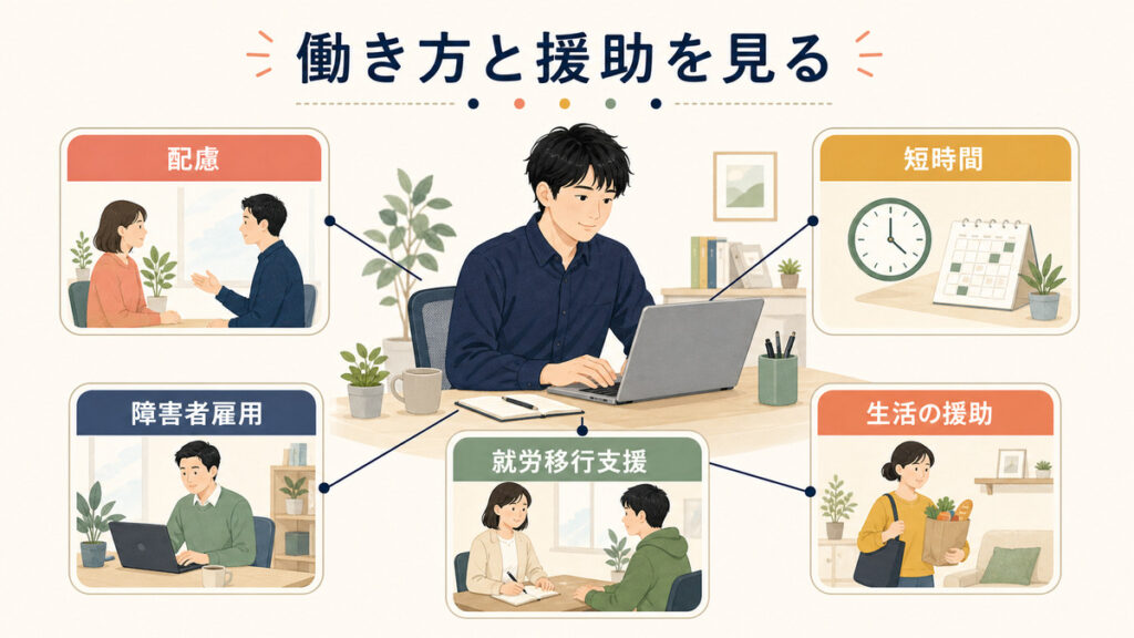 働き方と職場の配慮、生活の援助をあわせて確認する図
