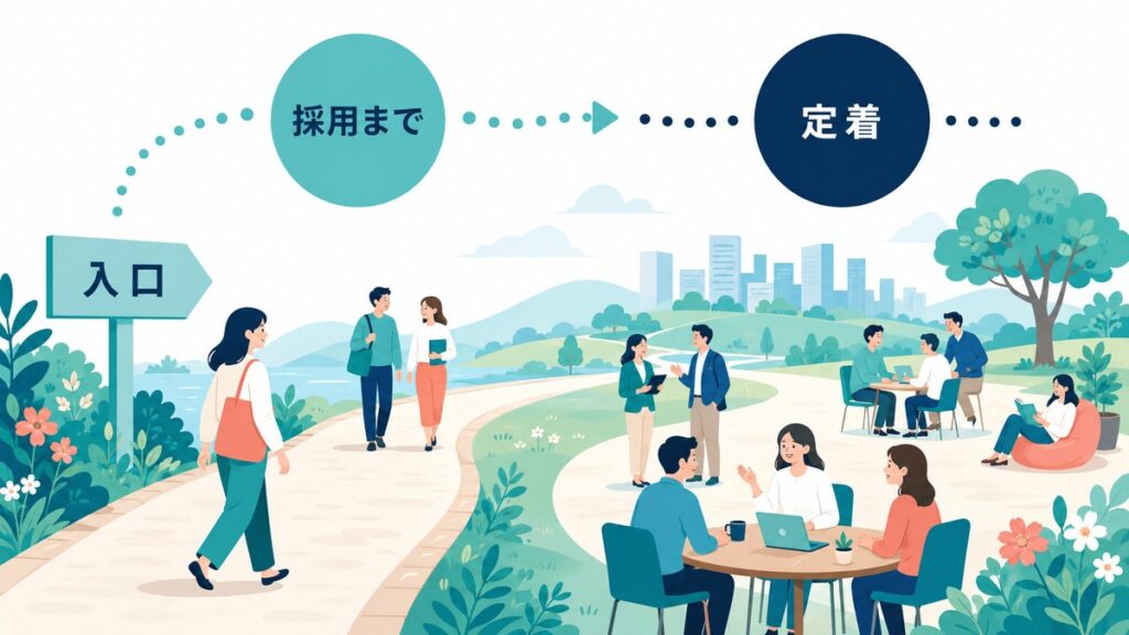 採用までの狭い入口と入社後の安定した定着を二段階で示す図
