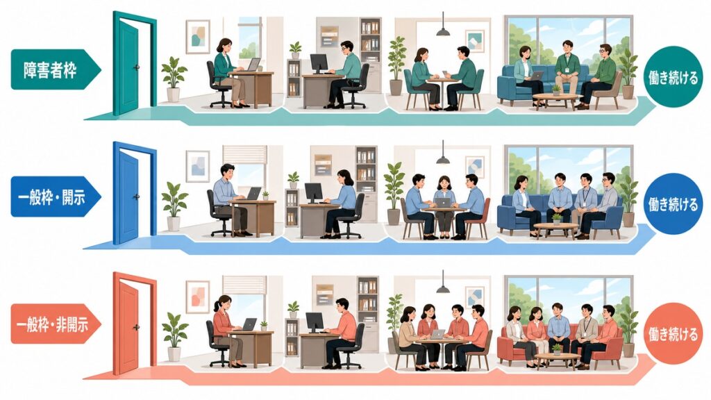 三つの求人経路ごとに働き続ける人の違いを数値なしで示す図