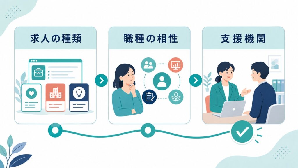 就職活動で先に見直す求人・職種・支援の三つのポイントを示す図