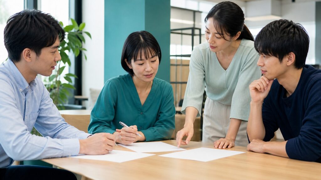 支援者や同僚と一緒に明るい職場で働く日本人の大人