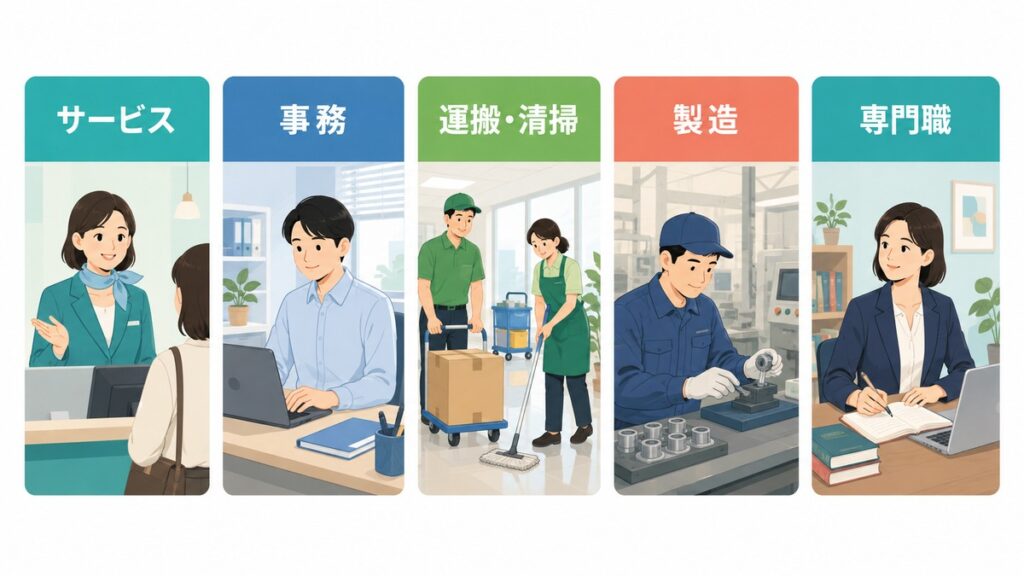 発達障害のある人が働く職業の広がりを対等に示す図