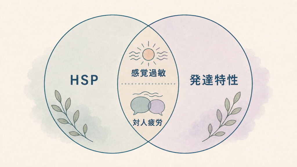 HSPと発達特性に共通する感覚過敏と対人疲労の重なりを示す図