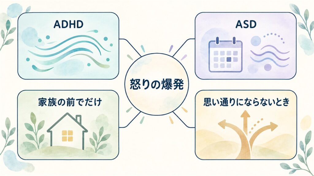 怒りの爆発の背景としてADHD・ASD・家族の前でだけ・思い通りにならないときを対等に示した図