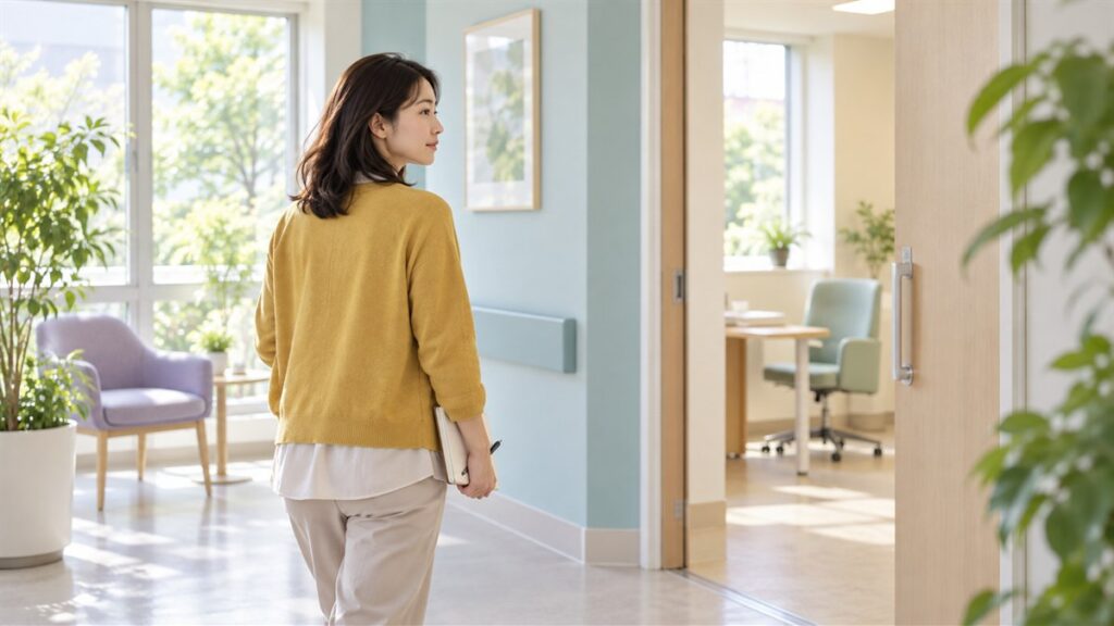 ノートを手に明るい相談室へ向かう日本人女性