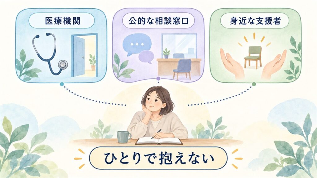 ひとりで抱えず医療機関・公的な相談窓口・身近な支援者につながる図