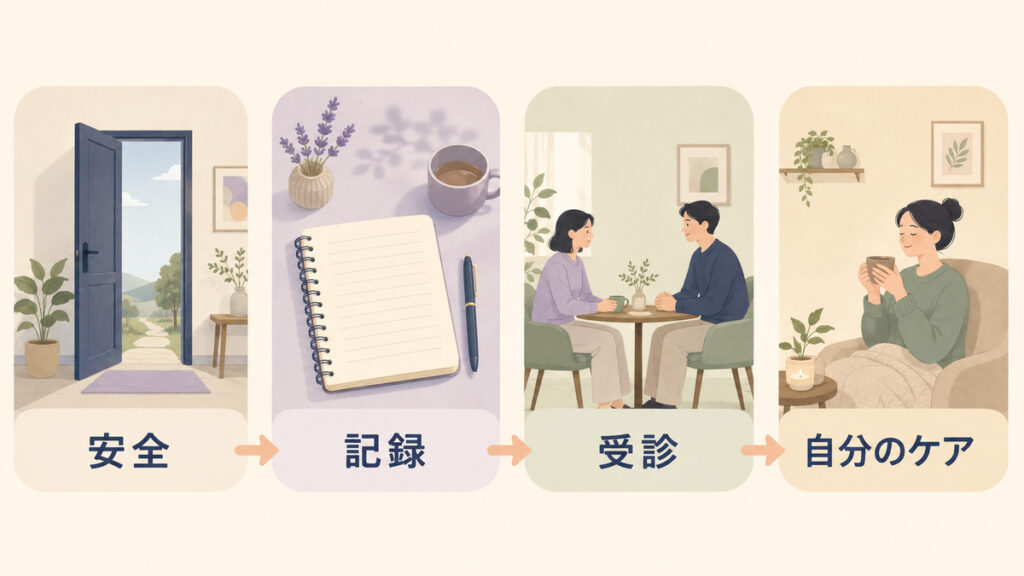 家族が安全、記録、受診、自分のケアの順で対応する流れを示す図解