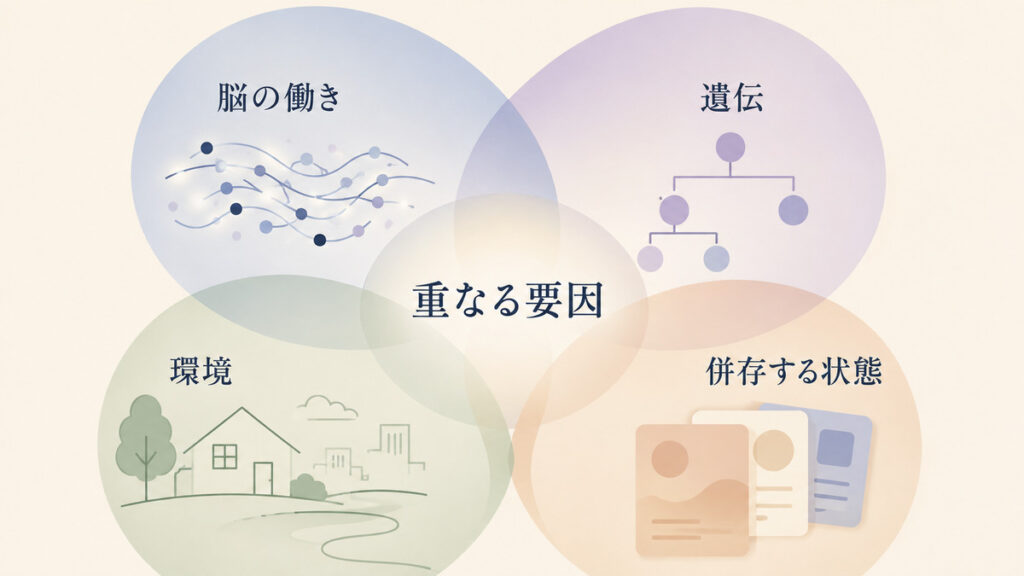 脳の働き、遺伝、環境、併存する状態が重なる様子を示す図解