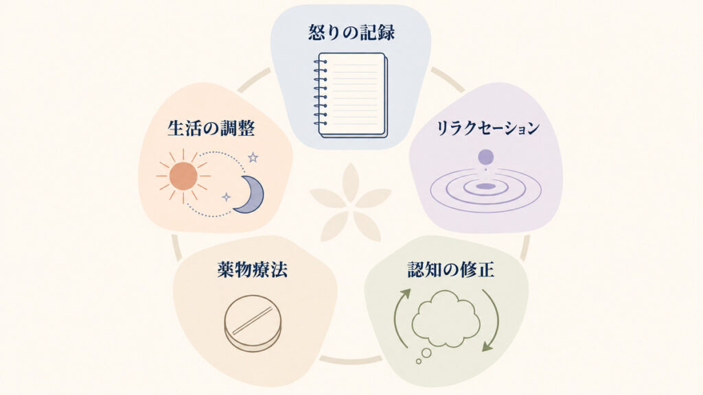 怒りの記録やリラクセーションなど五つの治療要素を並列に示す図解