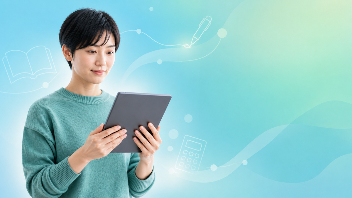 水色とミント色の背景の前でタブレットを持ち、読む・書く・計算の困りごとを落ち着いて整理する日本人の会社員