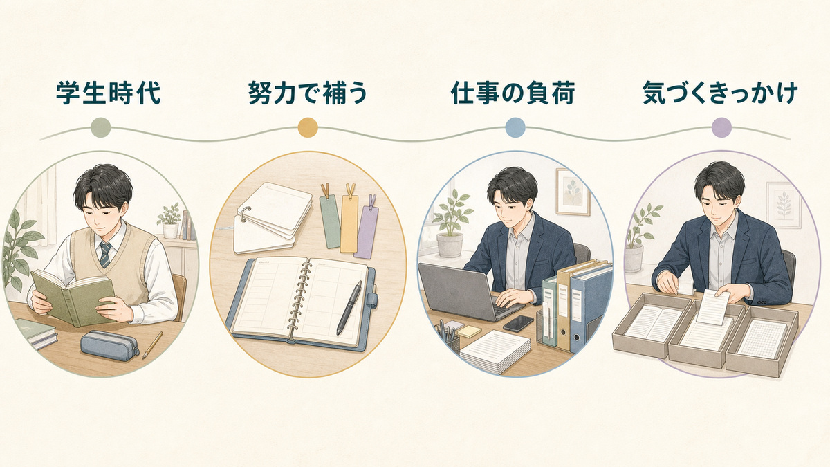 学生時代に努力で補っていた困りごとが、仕事の負荷が増えて気づくきっかけになる時間構造の図解