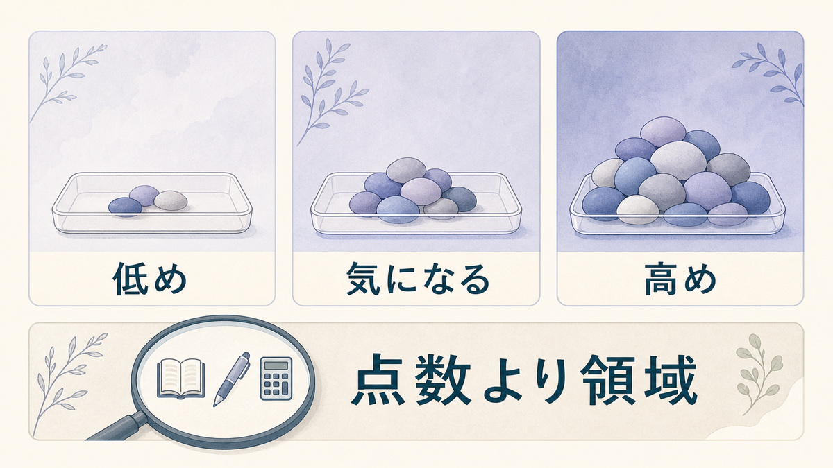 低め、気になる、高めの三段階を同系色で示し、点数より領域を見る考え方を表した図解