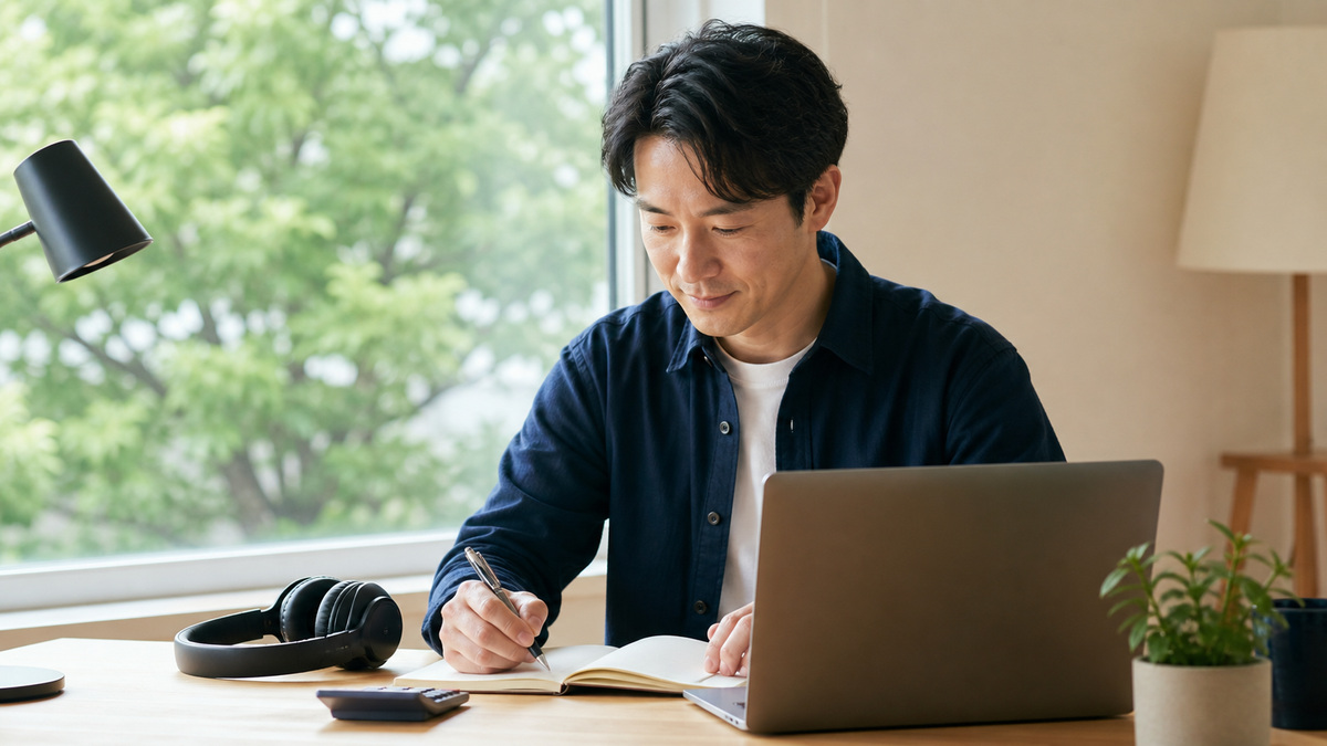 明るい作業机で自分に合う道具を使い、落ち着いて仕事を進める日本人の会社員