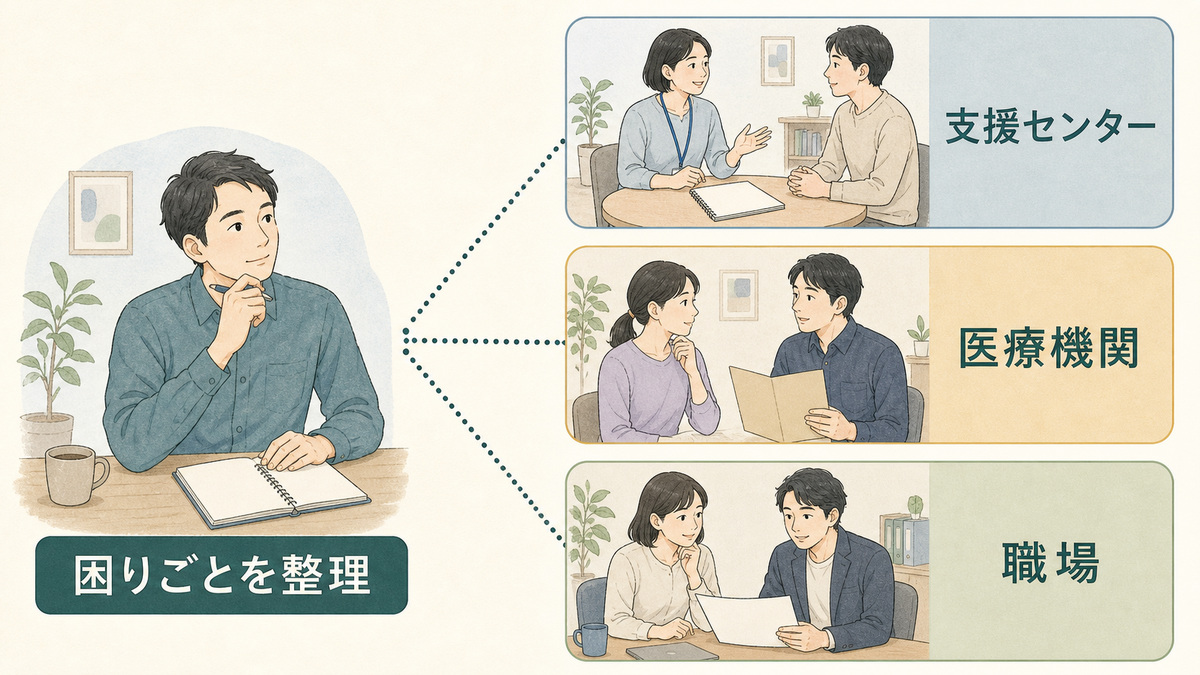 困りごとを整理した本人から、支援センター、医療機関、職場という相談先へ広がる図解