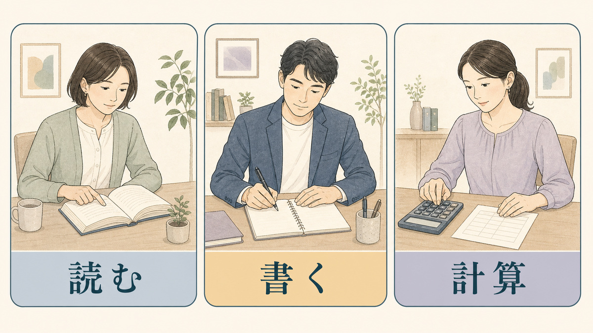 読む、書く、計算の三つの領域を同じ大きさで対等に並べた分類図