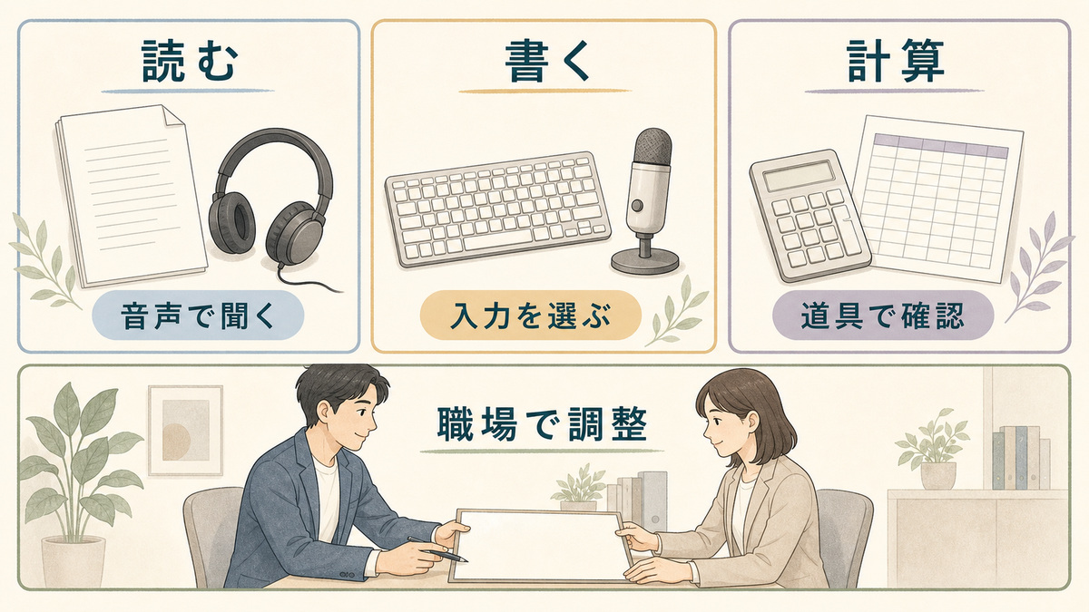 読む・書く・計算の各領域で普通の仕事道具を使い、職場で調整する工夫を示した図解