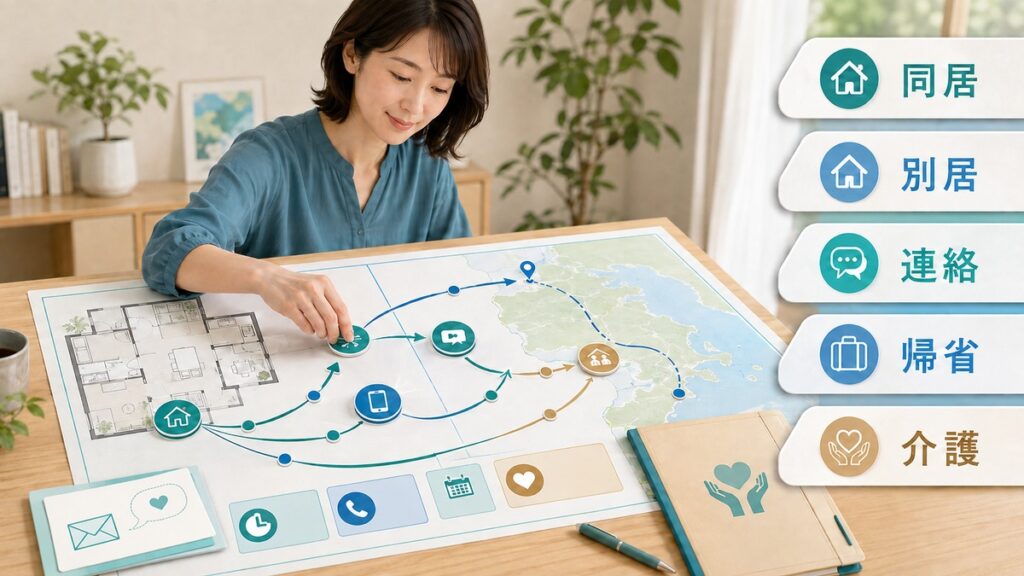 同居や連絡や介護など状況別に親との距離を設計する図