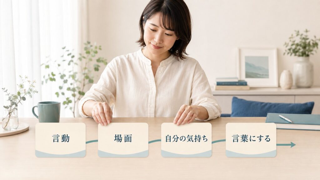 親の言動と自分の気持ちを判定せず言葉にする流れを示す図