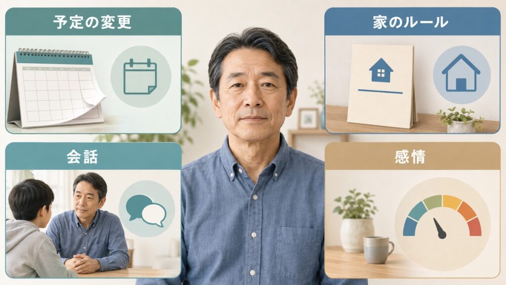 父親の特性が予定変更や会話など四つの場面に表れる様子を示す図