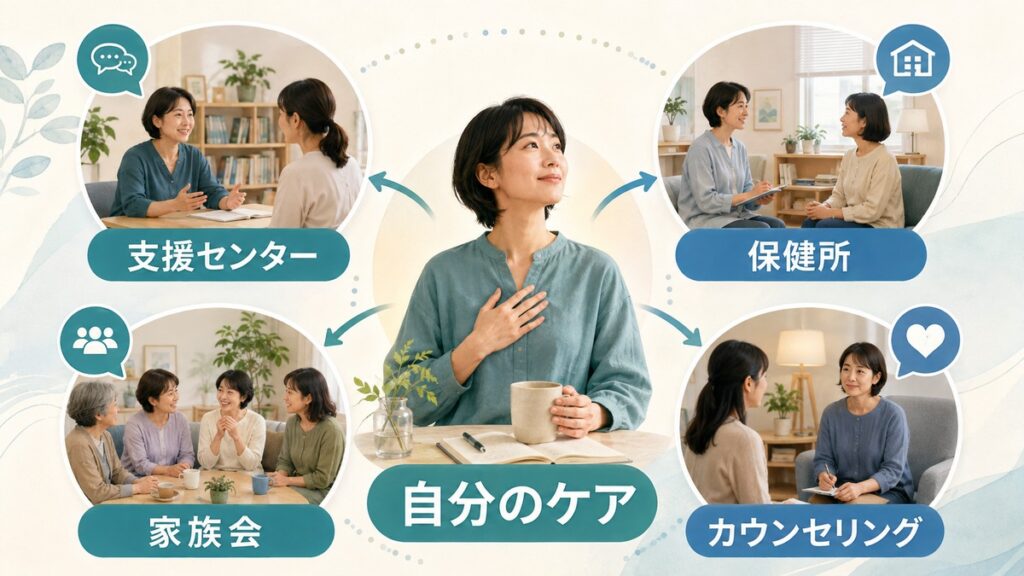 親のことより先に自分のケアにつながる四つの相談先を示す図