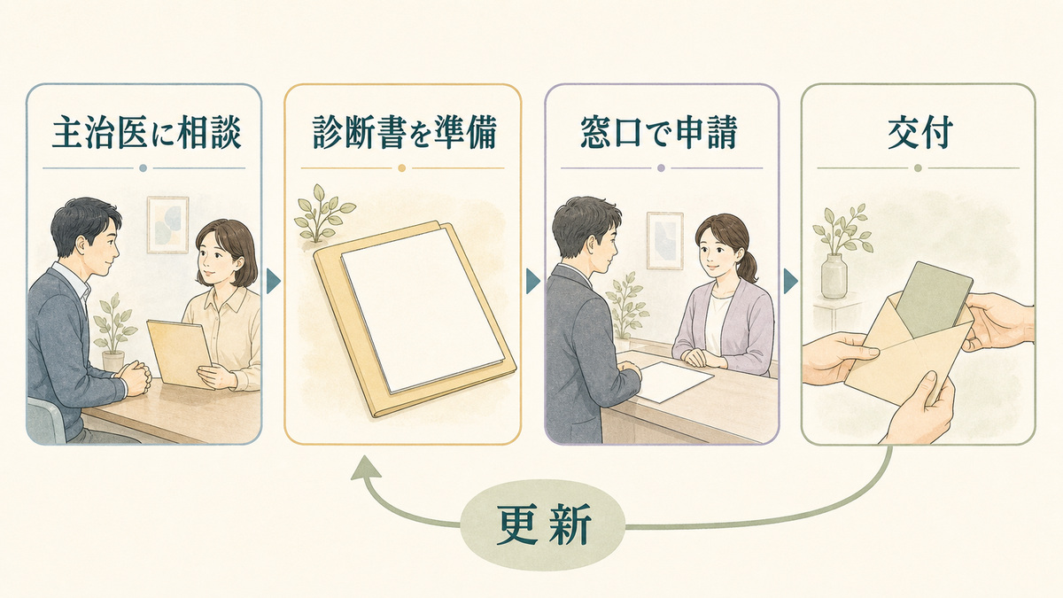 主治医への相談から診断書の準備、窓口申請、交付、更新までを示した手続き図
