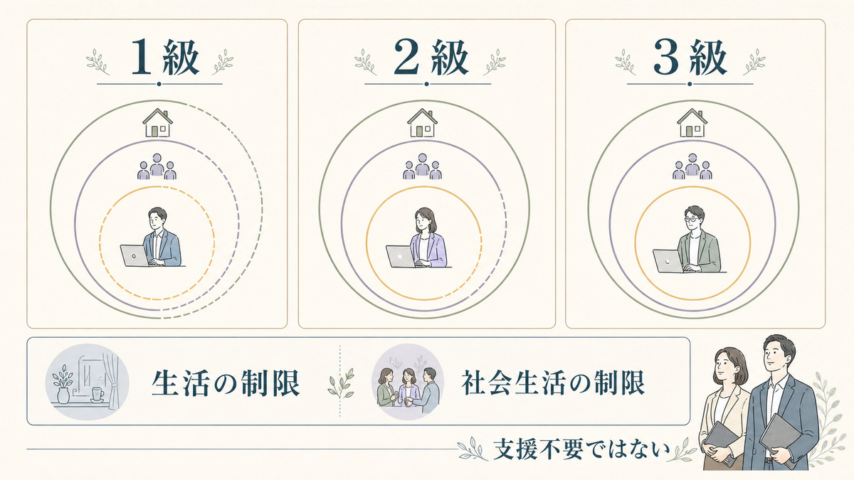 1級・2級・3級を生活と社会生活の制限の程度として並べ、3級も支援不要ではないと示す図解