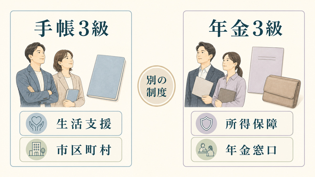 手帳3級の生活支援と年金3級の所得保障を、窓口も判定も別の並列制度として示す図解