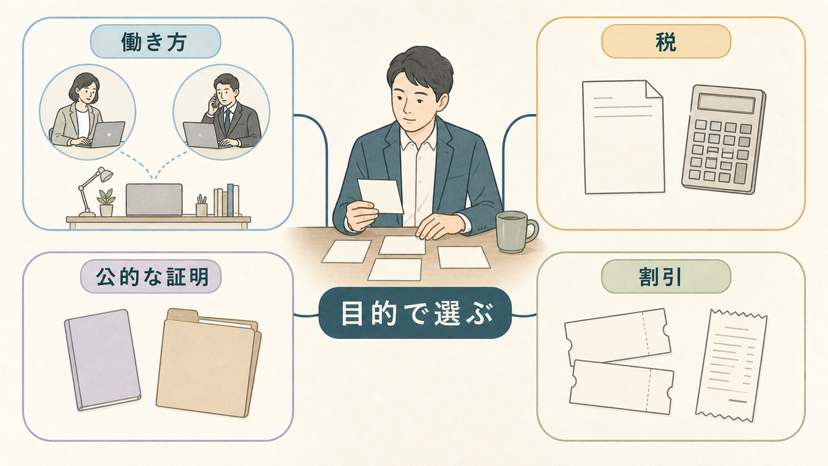 働き方・税・公的な証明・割引という目的を並べ、目的から手帳取得を考える分岐図