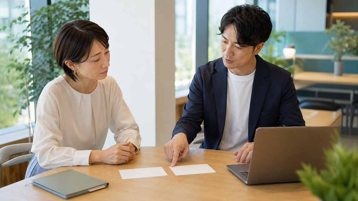 明るい職場で同僚と仕事の進め方を相談し、自分に合う働き方を選ぶ日本人の会社員