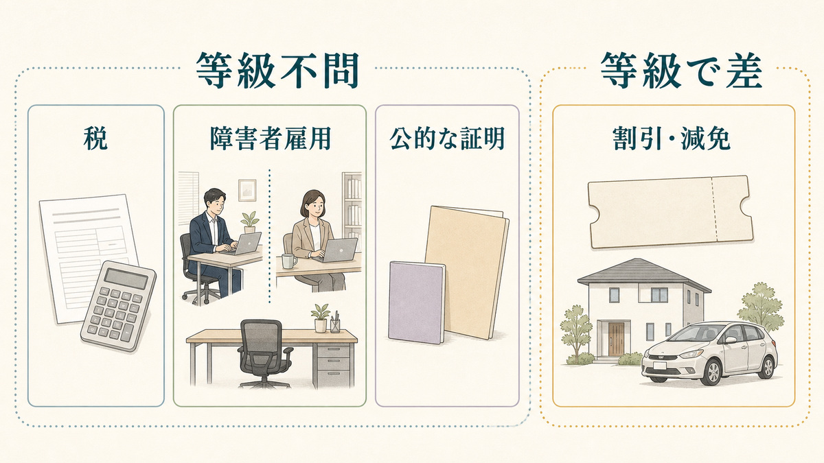 等級不問の税・障害者雇用・公的な証明と、等級で差がつく割引・減免を分けた図解